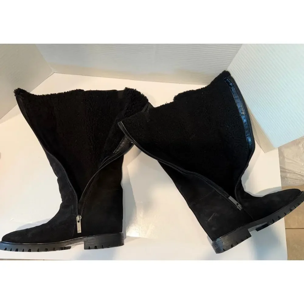 Aquatalia Cheyenne Black Lug Sole Suede Shearling Fur Lined‎ Boots Italy Sz 7M
